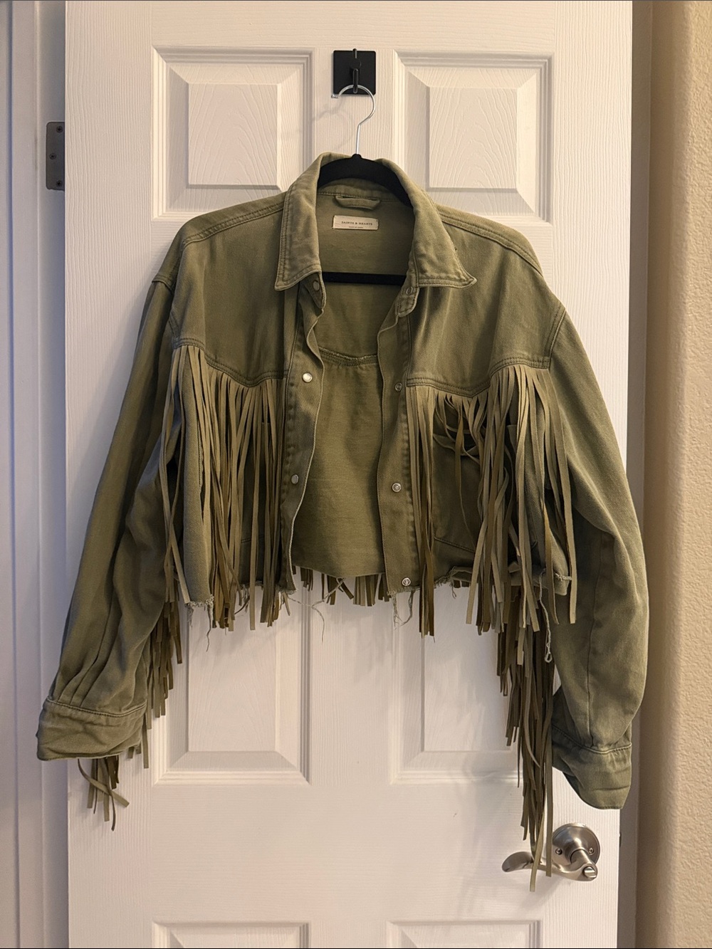 Fringed Cropped Leather Jacket in Olive Green
